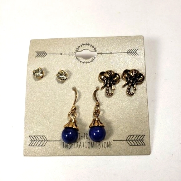 Set of 3 Gold-tone Crystal, Elephant Studs Earrings & BlueTeardrop Earrings - Picture 1 of 8
